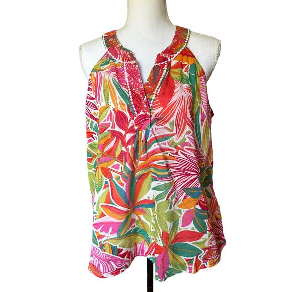 C&C California Sleeveless Top with Embroidery Tropical Print‎ sz M - Picture 1 of 5